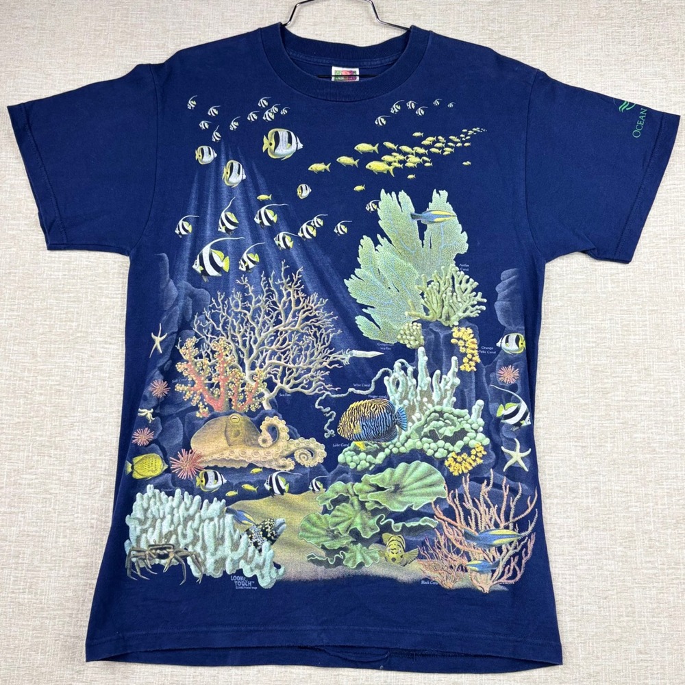Vintage 2002 Ocean Journey Coral Reef Fish All Over Print T-Shirt Navy Blue M - Picture 1 of 10